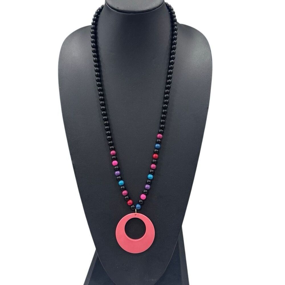 Vintage Beaded Statement Necklace Women's Black Beads Coral Pink Pendant